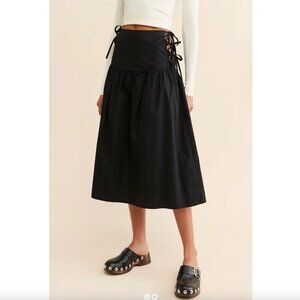 Allina Liu Break Skirt Size XS Onyx Black Midi Tie Sides Lining Cotton Boho